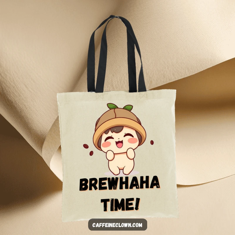 Funny tote bag featuring a cute kawaii character wearing a coffee bean hat and giggling playfully.