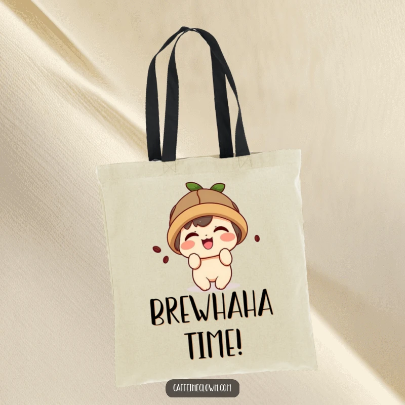 Funny tote bag featuring a cute kawaii character wearing a coffee bean hat and giggling playfully.