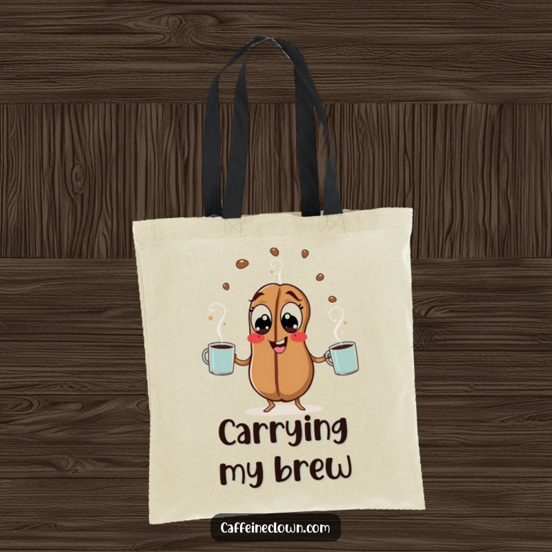 Funny Coffee Bean Tote Bag: A hyperactive coffee bean with wide eyes juggles steaming mugs, a humorous and caffeinated accessory.