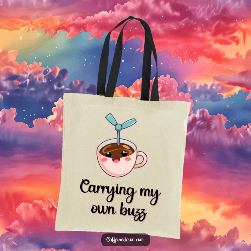Funny propeller coffee tote bag with a cheerful coffee cup and a tiny propeller, airborne and whimsical, a practical and humorous accessory.