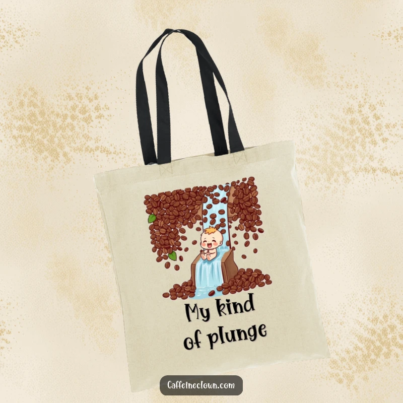 Funny Tote Bag: Character laughing hysterically slides down a waterfall of coffee beans, a unique coffee-themed accessory.