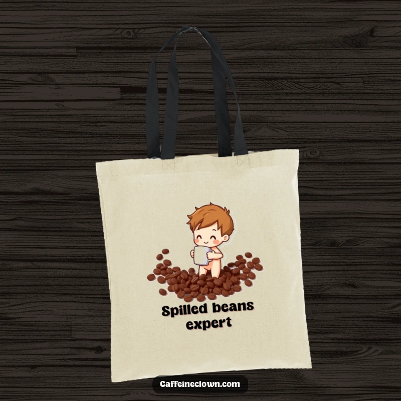 Funny tote bag showing a cute figure spilling coffee beans with a mug, a humorous accessory for coffee enthusiasts.